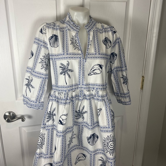 Calypso St.Barth blue & white cotton shell print 3/4 sleeve Zoe mini dress M - Picture 4 of 10